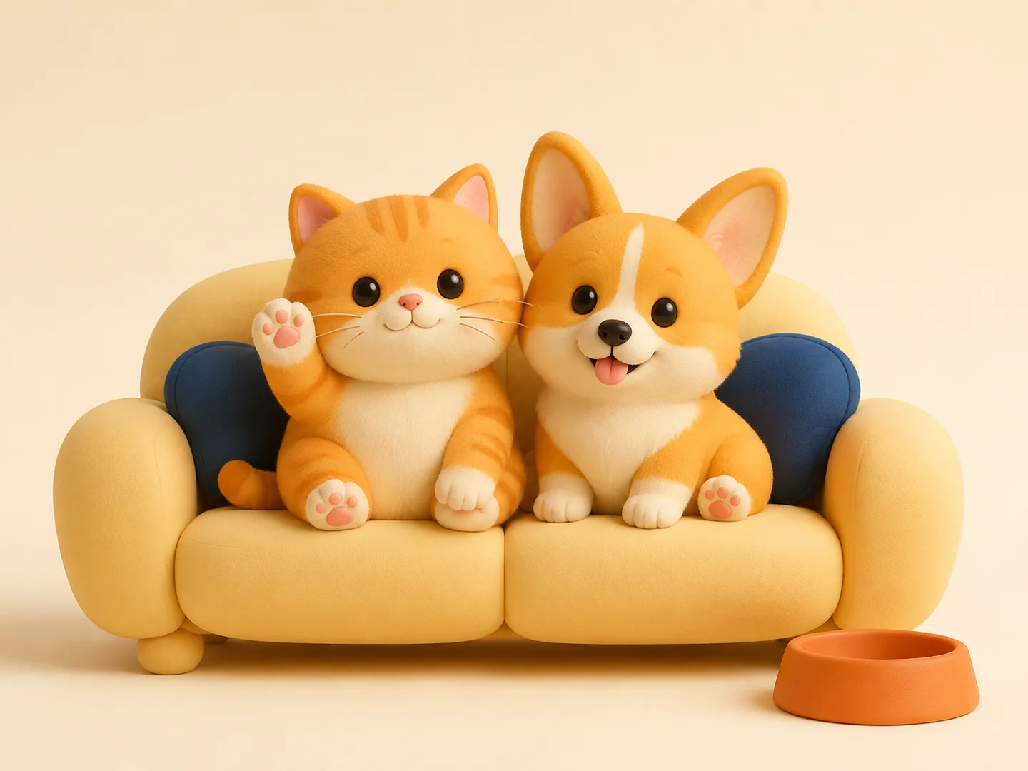 卡通猫咪和柯基依偎在柔软沙发上,猫咪开心地举起小爪子
